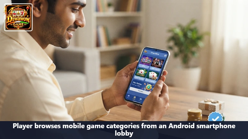 Player browses mobile game categories from an Android smartphone lobby