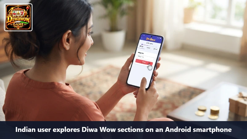 Indian user explores Diwa Wow sections on an Android smartphone